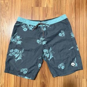 Katin USA - Charcoal and Teal Floral Bird Print Board Shorts - Size 34